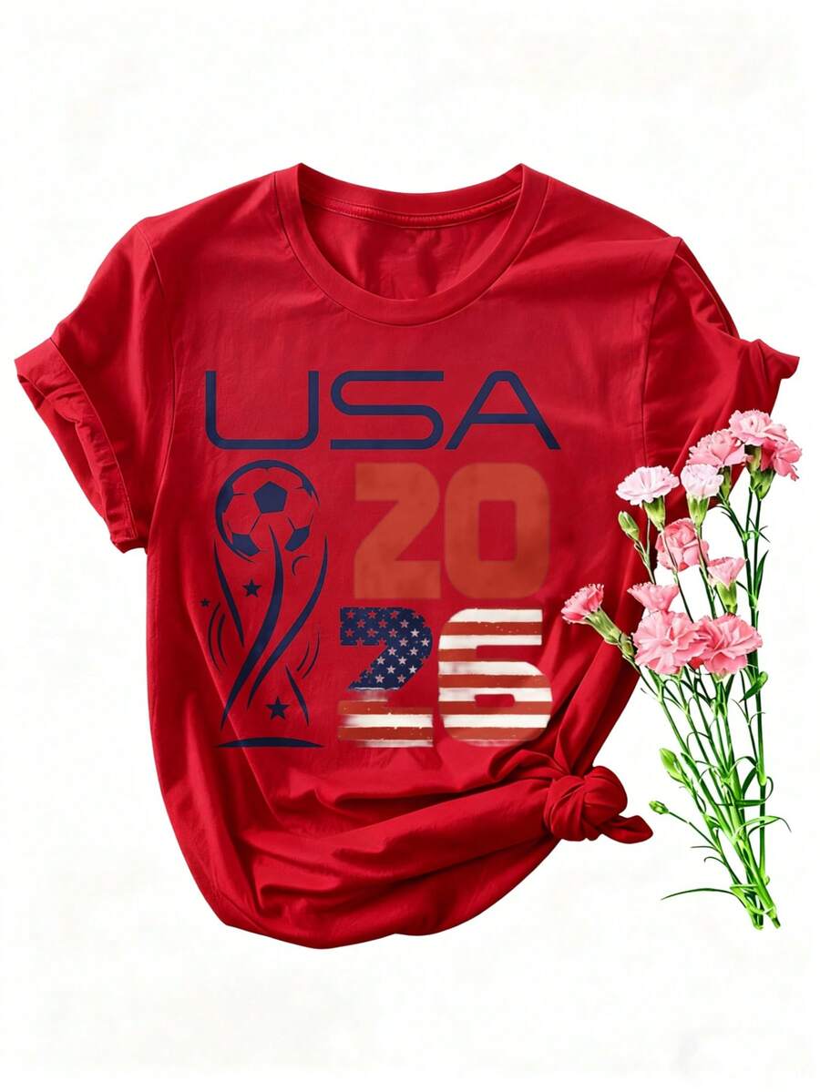 Women's Fun Printed Cotton T-Shirt Haiti World Cup 2026 Soccer Trophy Design Football Fanwear Casual Street Style S To 2XL Light And Not Stuffy Suitable For All Seasons Suitable For Daily Leisure Street Wear And Other Scenes. 250th Anniversary Vacation T-Shirt,Summer Outfits For Women,Spring Clothes,Conjunto De Mujeres Elegantes,Camisetas - 紅色 - 查看 1