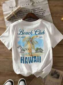 Camiseta de manga corta para mujer, blanca, 100% algodón, con estampado playero, cuello redondo, estilo casual, ideal para vacaciones de verano. - Blanco - Ver 5
