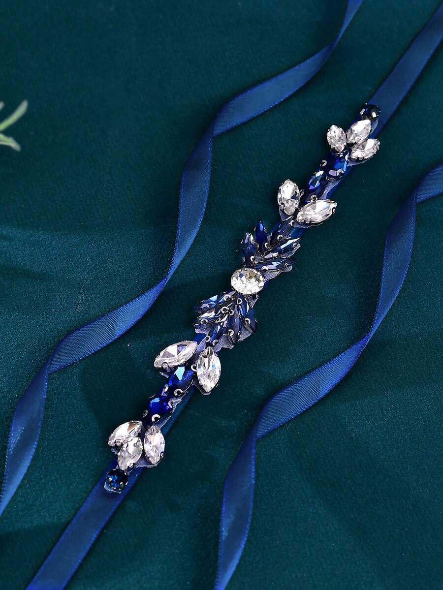 1pc Navy Blue Rhinestone Bridal Belt, Leaf Crystal Applique Thin Waist Sash For Wedding Party Dress