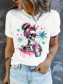 Women's White T-Shirt With Skull Print, Summer Style, T-Shirt With Skeleton Girl Drinking Smoothie And Pink Sunglasses Design, Casual Clothing With Y2K And Tropical Touch - 白色 - 查看 1