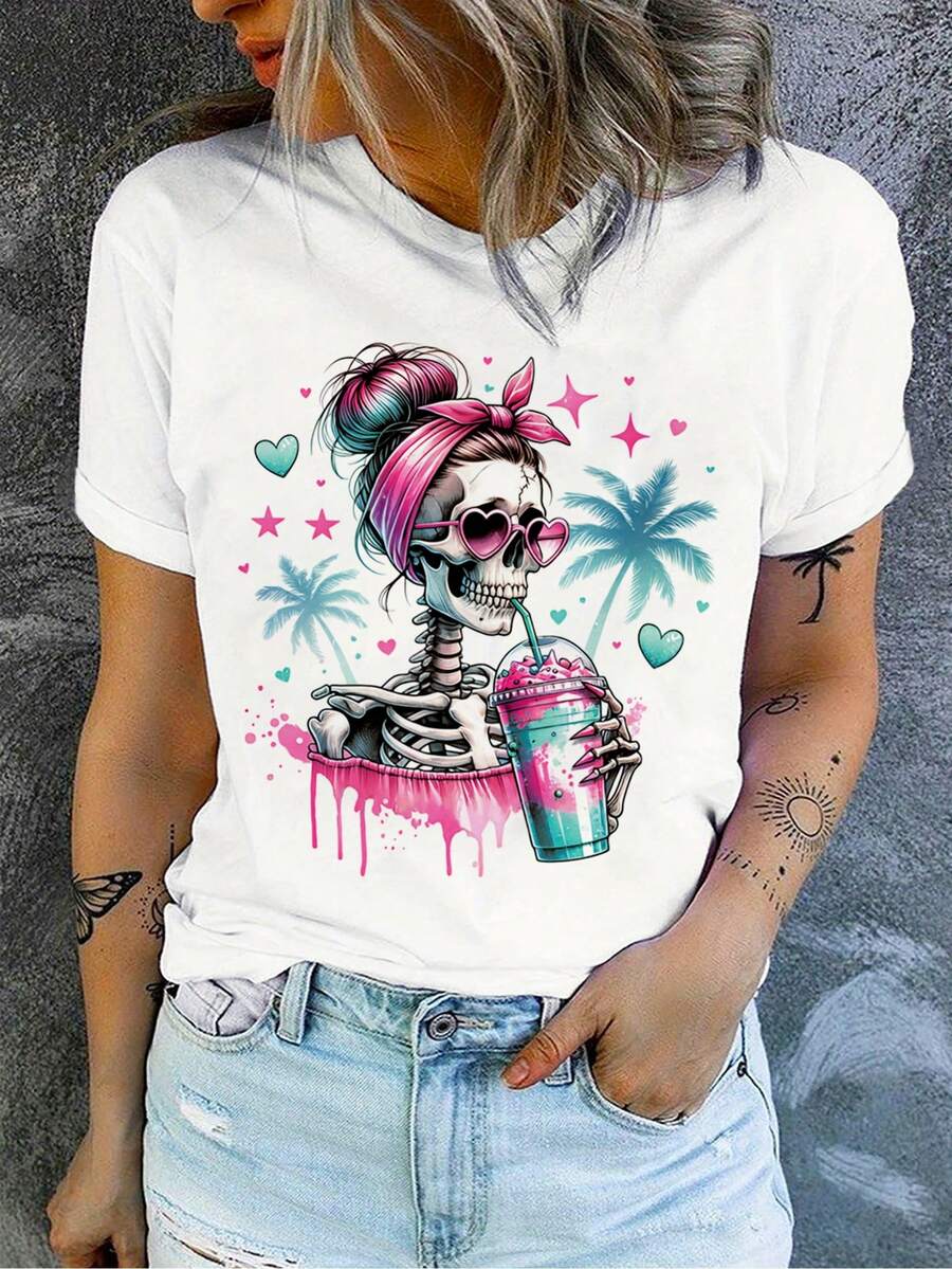 Women's White T-Shirt With Skull Print, Summer Style, T-Shirt With Skeleton Girl Drinking Smoothie And Pink Sunglasses Design, Casual Clothing With Y2K And Tropical Touch - 白色 - 查看 1