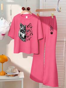 1 Set Tween Girl Outfit, Including Apricot Round Neck T-Shirt And Matching Flared Pants, With Creative Wolf Head Graphic Print - Hot Pink - View 3