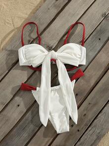 2026 Damen sexy elegantes Bikini-Set mit Knoten, rückenfreiem Ausschnitt, Hohlmuster, Kontrastfarben, Spaghettiträgern für den Strandurlaub, Weiß - Weiss - Übersicht 5
