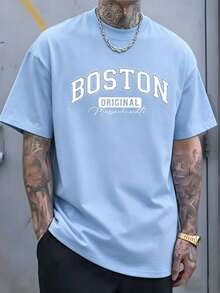 Men 100% Cotton Boston Letter Print Crew Neck Short Sleeve T-Shirt Soft Breathable All Season Casual Tee For Daily & Holiday Gift - 藍色 - 查看 11