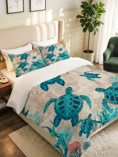 Bộ 3 món ga trải giường in hình rùa biển cổ điển (1 ga trải giường + 2 vỏ gối, không kèm ruột gối), màu xanh ngọc lam, họa tiết san hô và sao biển, in phẳng 2D, mềm mại, thoải mái, bền, dễ chăm sóc, có thể giặt máy, giảm mỏi mắt, phù hợp cho mọi mùa, có khóa kéo, thích hợp trang trí phòng khách sạn, phòng ngủ, phòng khách và ký túc xá, không gây dị ứng, kiểu dáng hiện đại đơn giản, chủ đề đại dương.