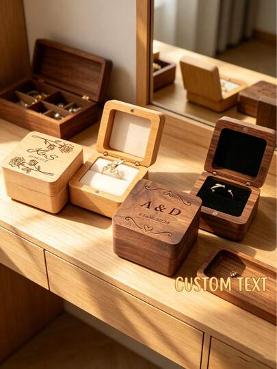 Customizable Engraved Wooden Ring Box, Walnut Ring Box, Suitable For Weddings, Engagements, Proposals, Anniversaries, Bridal Showers, Flocked Lined Ring Storage Box, Can Be Engraved With Names/Dates, Couples/Newlyweds Exclusive Gift, Natural Solid Wood Ring Holder