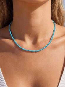 1pc Blue, Pink, Light Blue, White Colorful Turquoise Beaded Stainless Steel Chain Ocean Element Heart Pendant Necklace For Women, Summer Jewelry - Multicolor - View 4