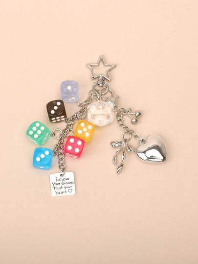 1pc Unisex Multi-Color Polygon Dice, Star, Heart, Bow, Cherry Pendant Keychain, Double-Sided English Text Square Tag, Creative Bag Charm