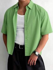 Camisa casual ligera de manga corta holgada y a rayas para hombres, de primavera a verano - Verde - Ver 8