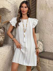Vestido casual de mujer en color verde matcha, con cuello redondo y mangas de volantes.Tejido texturizado transpirable y cómodo, ideal para looks diarios y de verano. - Multicolor - Ver 7