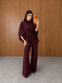 Women's Tailored Set With Wide-Leg Pants And Loose-Sleeved Blouse - Elegant Fashion Blogger  2026 - Gỗ đỏ - Xem 2