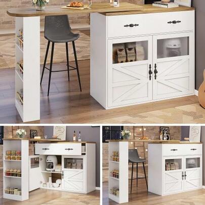Ausziehbarer Bartisch Mit Stauraum(138-204*39*104cm) , 360° Drehbare Essbar, Modern Beweglicher Bar Table, Hochtisch Kücheninsel Bistro Table, Sideboardschrank Mit Regalen, White
