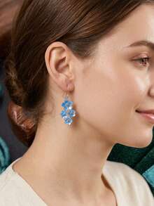 1 Pair Elegant Retro Blue Flower Drop Earrings, Delicate Floral Cluster Earrings, Gentle Style Daily Wear - Blue - View 3