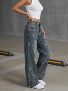 Quần jeans ống rộng đính đá lấp lánh dành cho nữ, kiểu dáng thường ngày, thích hợp cho mùa xuân. - Xanh cổ điển - Xem 4