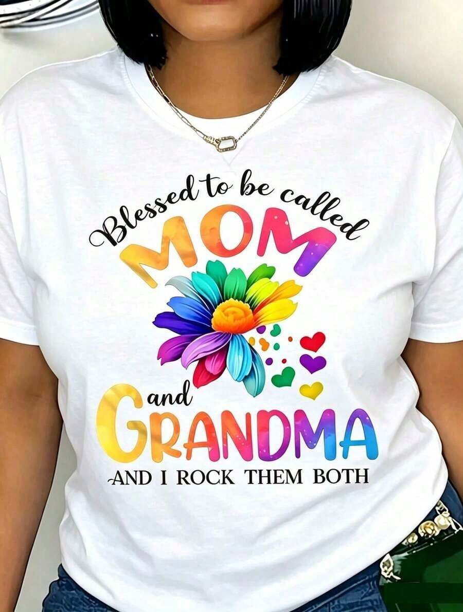 1 pieza Camiseta negra con estampado floral de corazones para el Día de la Madre, cuello redondo, camiseta casual de algodón, tejido de punto de elasticidad media, corte regular para mujeres, para primavera/verano/otoño, Día de la Madre, Pascua, Día de los Caídos, 4 de julio, 180g 100% algodón. - Blanco - Ver 1