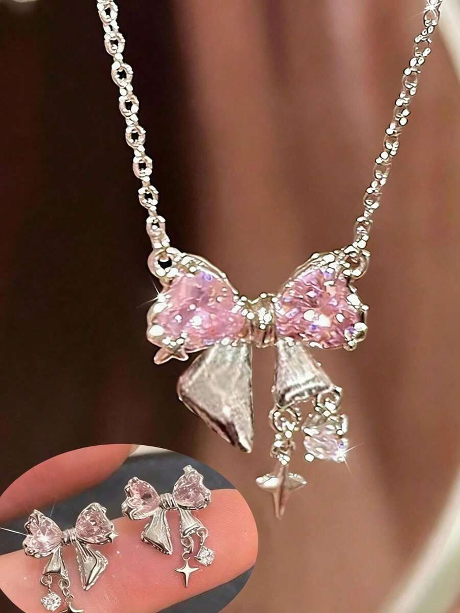 Bộ trang sức 3 món đính đá Zirconia hồng lấp lánh hình nơ tình yêu, mặt dây chuyền và bông tai, thiết kế thanh lịch tối giản, thích hợp cho ngày Valentine. - Đồ trang sức - Xem 1