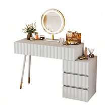 White Dressing Table Set For Bedroom With 5 Spacious Drawers - Dimensions: W100/H127/D40 Cm (Without Stool) - White - View 3