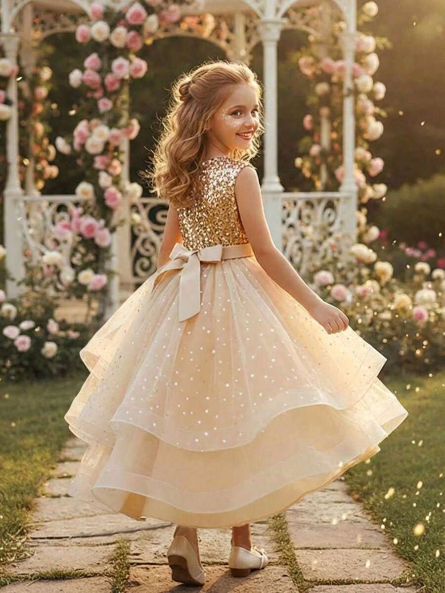 Tween Girl Sleeveless Sequin Mesh Big Hem Trailing Princess Party Dress, Teens Bridesmaid Wedding Formal Gown - Vàng - Xem 1