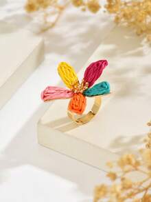 1pc Bohemian Mori Style Fresh Colorful Raffia Flower Ring, Suitable For Women's Daily Commute, Vacation, Travel, Versatile Atmosphere Accessory - Color - View 4