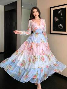 Đầm dài tay xếp tầng họa tiết hoa lá mới dành cho nữ, in hoa và lá khắp thân đầm, thanh lịch và kín đáo, phù hợp cho mùa xuân đi biển và nghỉ dưỡng. - Nhiều màu - Xem 3