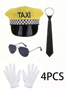 4pcs Taxi Driver Costume And Accessories Set Including Hat, Glasses, Gloves And Tie, Suitable For Halloween Party, Cosplay And Carnival - Multicolor - View 8