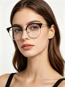 1pc Women's Casual Retro Round Black & Gold Tone Decorative Glasses, Suitable For Daily Wear And Street Photography - Black - View 3