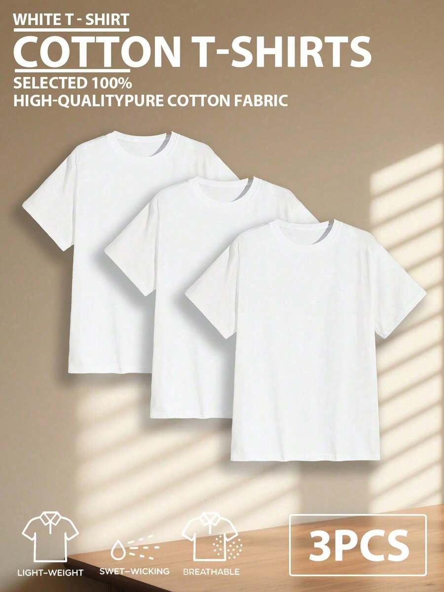 3pcs/Set 100% High-Quality Pure Cotton Men's Round-Neck Short-Sleeved Sports T-Shirt, Made Breathable Soft And Comfortable, Suitable For Fitness, Outdoor And Casual Wear All Year Round - 3件白色 - 查看 1