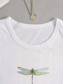Camiseta de manga larga con cuello redondo y estampado de libélula colorida para mujer, estilo casual de otoño. - Blanco - Ver 7