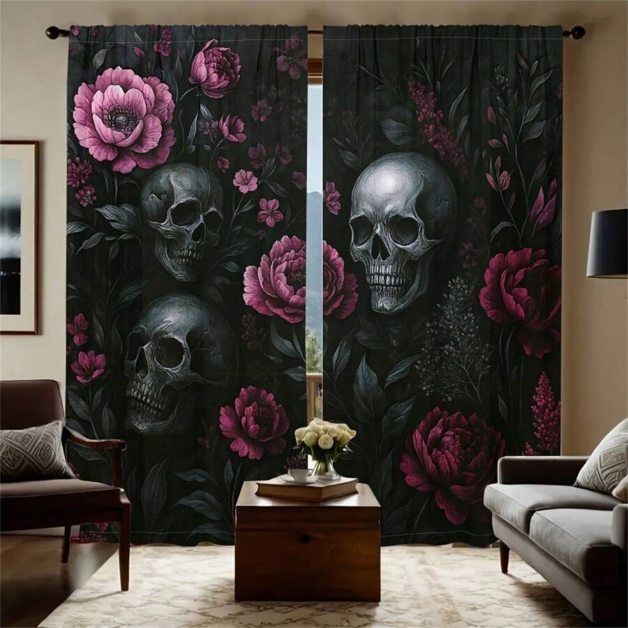 2D Flat, 2pcs, 2D Flat Printing, Thin Fabric Semi Transparent Halloween Decoration Pole CurtainGothic Style Skull And Rose CurtainsSuitable For Bedrooms, Living Rooms, Kitchens And Decoration., 2D Flat - Multicolor - View 1