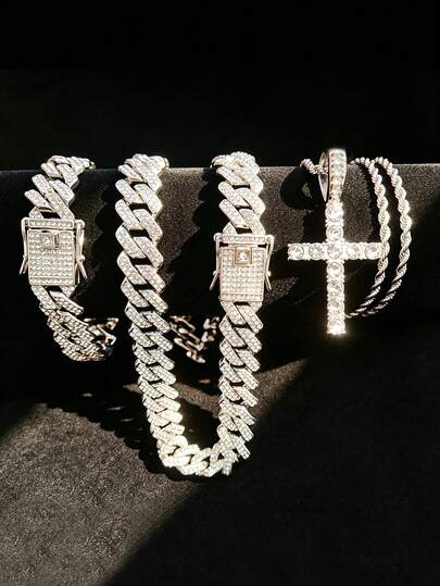 3pcs A Stylish 14mm Wide Cuban Chain And Bracelet Set, And A Cross Pendant Necklace Set. Suitable For Men And Women, This Hip-Hop Punk Necklace Is Perfect For Everyday Wear Or Parties. A Great Valentine's Day Gift, And A Cool Summer Jewelry Option