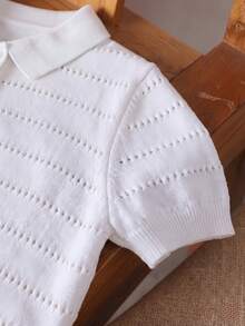 Back To School Season Boys Little Gentleman Academy Style Solid Color Turn-Down Collar Short Sleeve Lightweight Breathable Knit Polo Pullover Top Daily Wear Summer Autumn Vacation - White - View 9