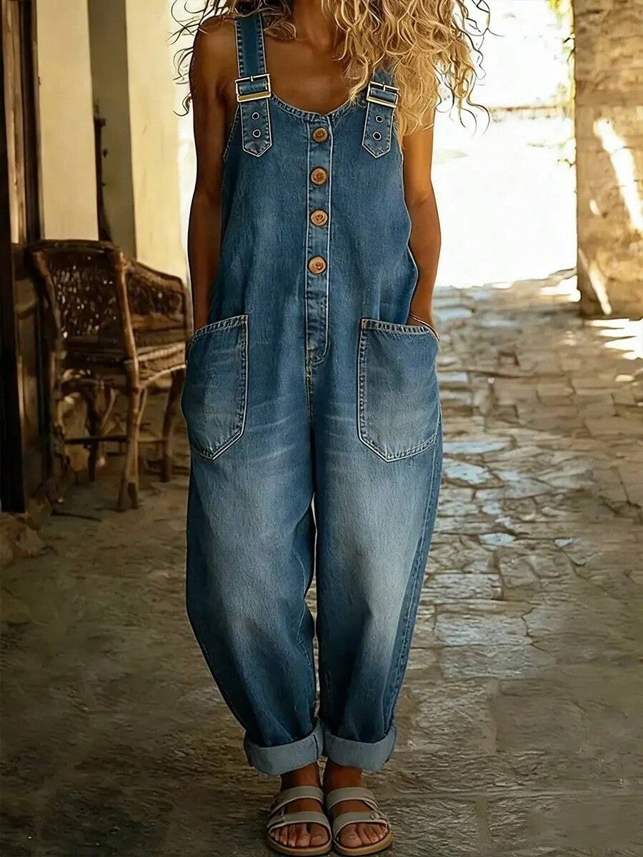 Women Denim Overalls Jumpsuit Loose Fit Wide Leg Casual Outfit Adjustable Strap Pocket Design Everyday Wear Relaxed Style Streetwear Travel Vacation Outfit Lightweight Comfortable Denim Romper For Women - Màu xanh lam - Xem 1