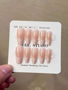 10片/盒 Y2K 手工中号棺材形乳白色渐变法式按压式美甲贴片，加厚款，包含1支果冻胶和1个指甲锉，手工制作，适合女性和女孩日常、派对和聚会佩戴。 - 杏色 - 查看 2