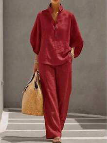 Women's Linen Blend 2-Piece Set, Casual Urban Outfit With Stand Collar Top And Wide Leg Pants - 黑色 - 查看 3