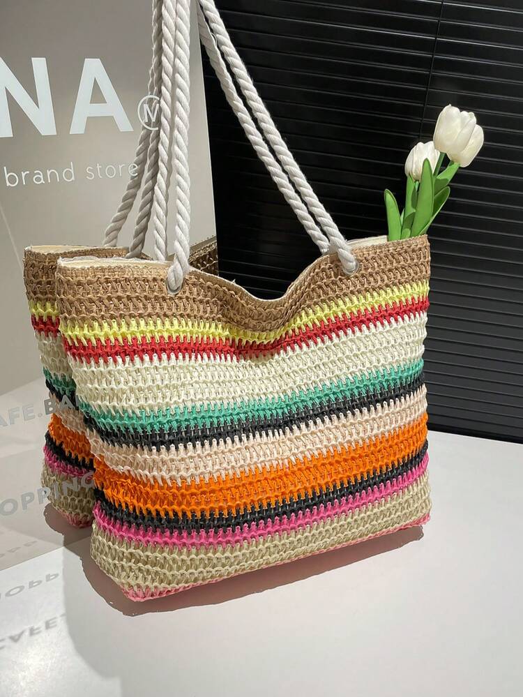 Bolso de playa de paja para vacaciones de verano, de gran capacidad, de moda, versátil, bolso de hombro casual - Multicolor - Añade 9