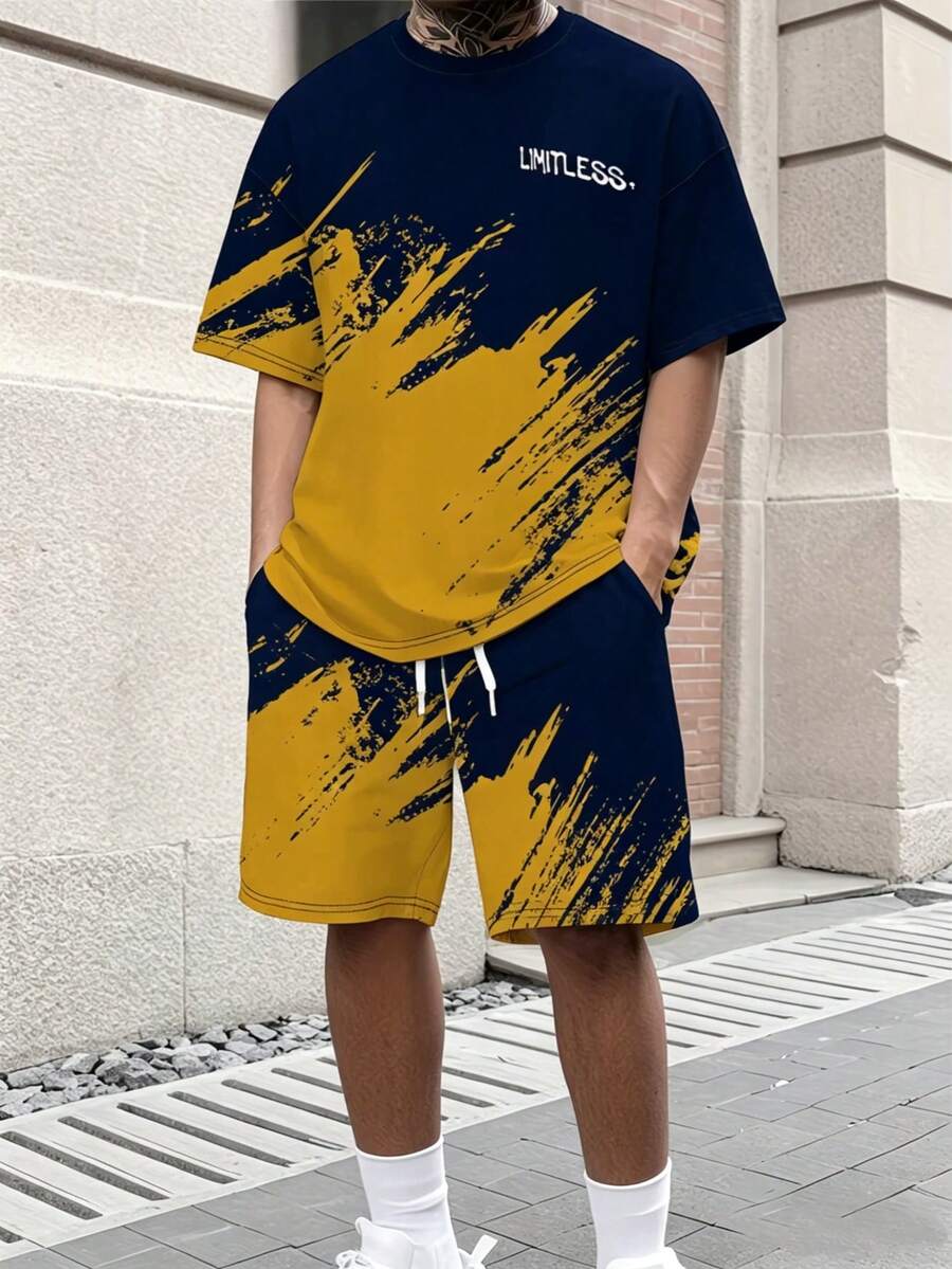 一套“无限”时尚灰白相间3D印花男士休闲运动套装 - 透气涤纶针织面料，圆领短袖T恤和短裤组合，四季皆宜的常规版型，100%涤纶轻盈透气面料 - 彩色 - 查看 1