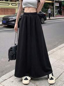 Rok Panjang Kasual Wanita Warna Polos, Pinggang Tinggi, Tali Serut Longgar, Warna Hitam, Musim Semi/Panas - Hitam - View 3