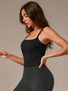 TimeOff 1pc Women Solid Color Spaghetti Strap Backless Camisole With Chest Pads Sports - Black - View 8