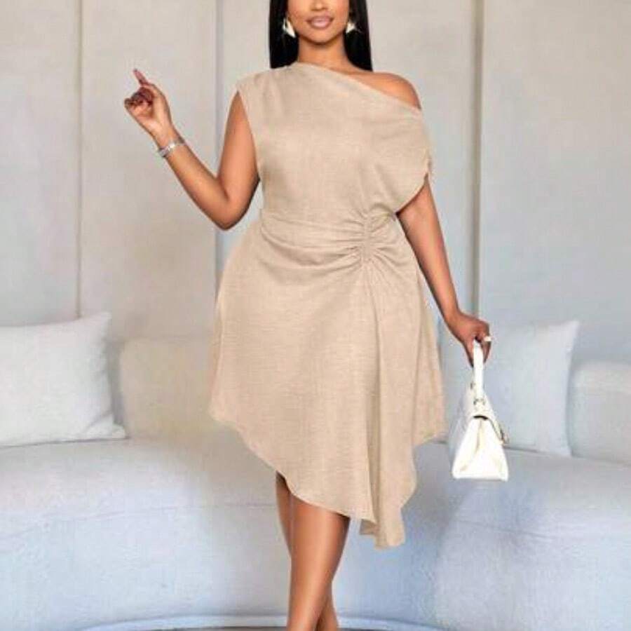 Women's Elegant Solid Color Asymmetric Collar Side Drawstring Ruched Fashion Linen-Like Fabric Dress Baby Blue Casual Dress For Women Deeka Chic Dresses For Women High Quality Dress New Arrival Dress For Women Casual - Albaricoque - Ver 1