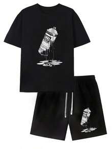 Men's 2pcs ECKO Outfit Sets- Summer Casual T- Shirt And Short Set With Crown& Rhino Print T-Shirt And Shorts, Hip Hop Streetwear Tracksuit For Casual, Workout, Lounge, Summer Parties - 6B - 查看 2