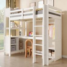 Loft Bed, 90 X 200 Cm, Shelves, Ample Storage, Desk, Wardrobe, Mattress Not Included, White - White - View 2