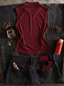 Women's Sexy Party Solid Color Rhinestone Mesh Sheer Fitted Camisole For Summer - Burgundy - View 2