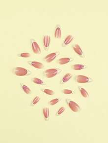 24 buah Kuku Palsu Pendek Berbentuk Almond dengan Motif Bunga Segar Dekoratif 3D untuk French Manicure, Termasuk 1 Stiker Perekat dan 1 Kikir Kuku, Cocok untuk Pemakaian Sehari-hari - MultiWarna - View 3