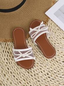 1 Pair Summer Flat Slippers, Fashionable Mesh Upper Woven Bow Slip-On Children Beach Sandals, Suitable For Girls - White - View 7