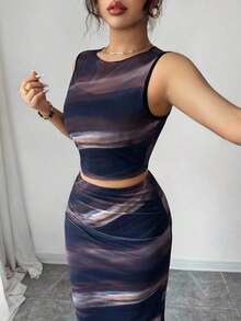 Raffinéa Vestido ajustado de mujer con abertura, de malla con efecto tie-dye degradado sin mangas, conjunto de 2 piezas - Azul - Ver 5