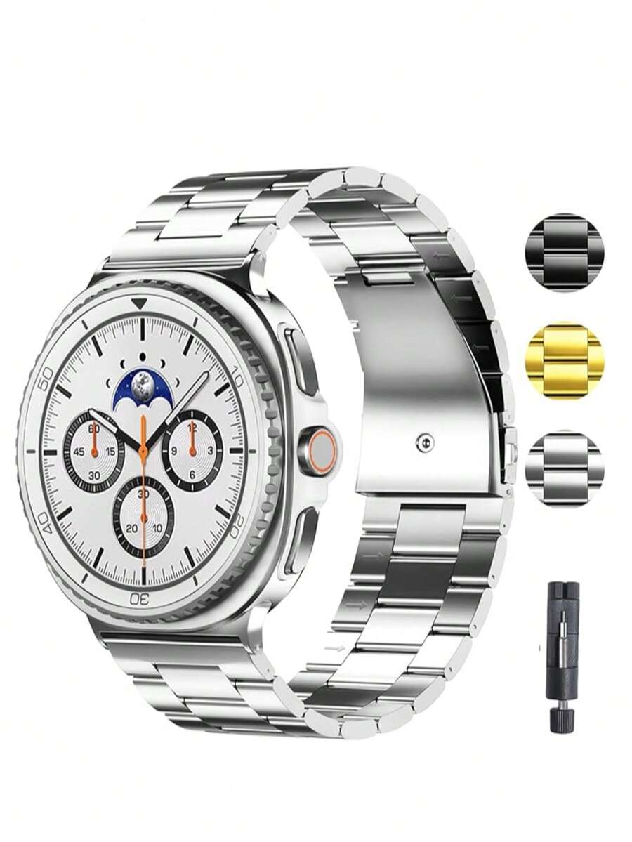 1件高級不鏽鋼錶帶 + 1件拆卸工具,相容於 Galaxy Watch 4 40mm/44mm、Galaxy Watch 4 Classic 46mm、Galaxy Watch Ultra 47mm (2025/2024)。耐用不鏽鋼替換錶帶,表面光滑舒適,適合 5.9 英吋 - 8.6 英吋 (150mm - 225mm) 腕圍。 - 銀色 - 查看 1