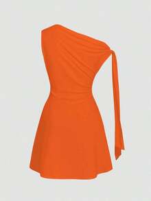 Vestido corto ajustado asimétrico para mujer, color café sólido, diseño de hombro al aire con lazo decorativo y falda acampanada, tejido elástico y corte favorecedor, estilo elegante y versátil, ideal para verano, citas, fiestas, eventos especiales y uso diario - Naranja - Ver 7
