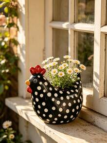 Resin Chicken Shaped Planter, Polka Dot Hen Planter Suitable For Succulents And Plants, Cute Animal Shaped Planter For Indoor And Outdoor Decor, Chick Planter Container For Home And Garden, Charming Rustic Style Planter For Desk, Balcony And Yard - Polka Dot Chicken Flower Pot - View 12