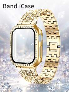 Compatível com Pulseiras 38mm, 40mm, 41mm, 42mm, 44mm, 45mm, 46mm, 49mm, Pulseira de Metal Dourada Brilhante, Elegante e Luxuosa com Diamantes e Caixa na Cor Dourada com Protetor de Tela Integrado, Compatível com Apple Watch Ultra 3/2/1/SE/S11/S10/S9/S8/S7/S6/S5/S4/S3/S2/S1 Series, Caixa de Relógio de Verão, Presente de Páscoa, Presentes para Mulheres, Festas e Bailes - Dourado - Visão 9