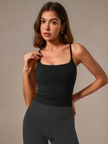 TimeOff 1pc Women Solid Color Spaghetti Strap Backless Camisole With Chest Pads Sports - Black - View 9